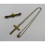 A marked 375 gold star set diamond bar brooch with a central heart and leaf twist ends. Length of