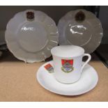 Two Bridgwater memorabilia plates with castle crest, together with a cup and saucer with similar