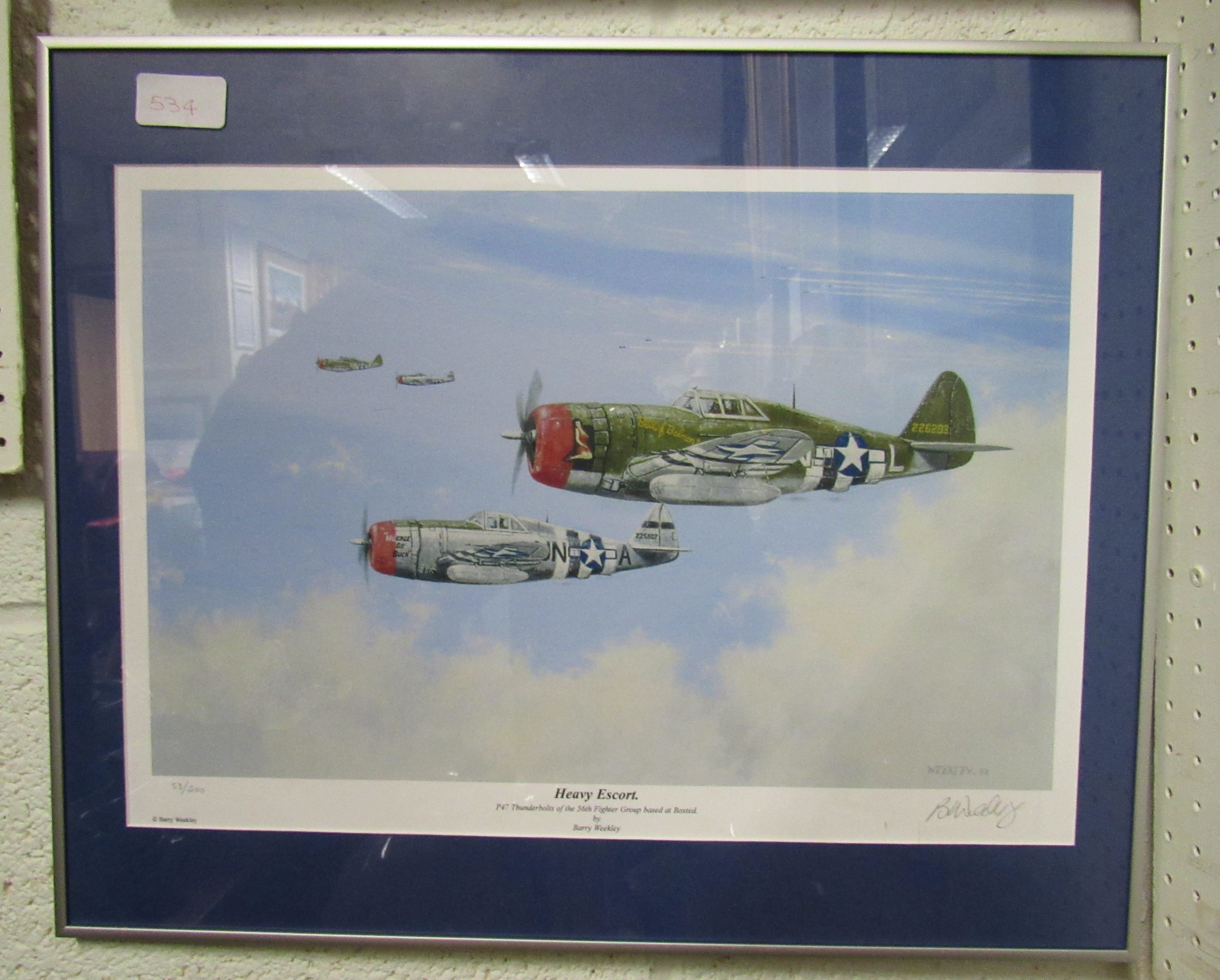 A glazed framed signed limited edition print by Barry Weekley 53/200, 'Heavy Escort'. Size - 48x39cm