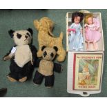 Two Panda bears and a stuffed toy dog together with two dressed Little Miss Vogues in case, a Hymn