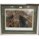 A framed and glazed signed limited edition print by Terence Cuneo, 364/850, 'Clapham Junction',