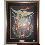 A large framed emblem of The United States Marine Corps together with smaller related pictures etc.