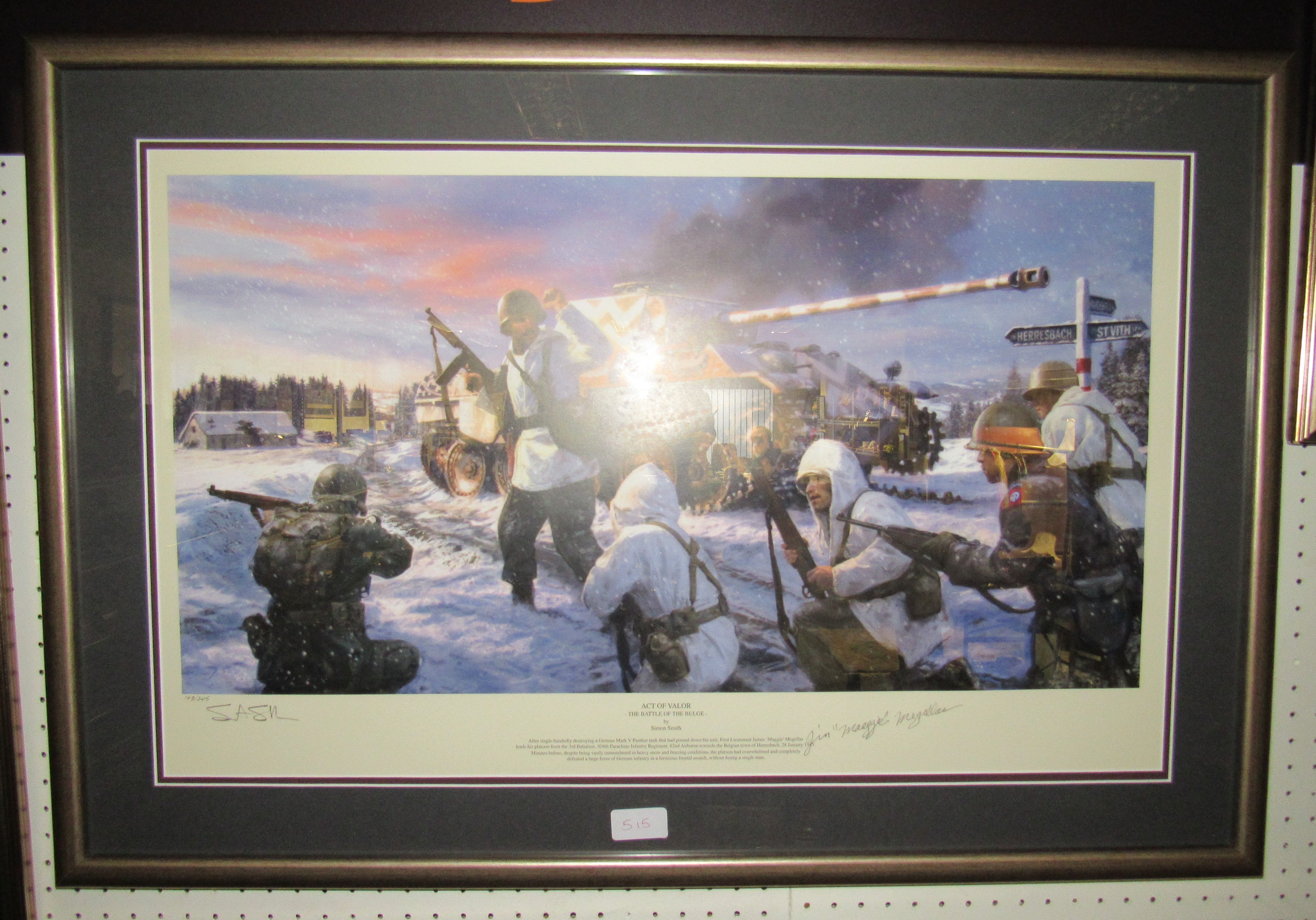 A framed and glazed signed limited edition print by Simon Smith, 143/245, 'Act of Valour'. Size -