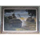 A framed giclee picture on canvas of tanks engaged in battle by D. Pentland 06. Size - 102x72cm