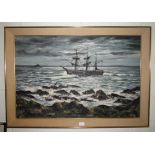 An oil on canvas by Nigel Hallard (b 1936) of a sailing ship viewed from a rocky shore in the