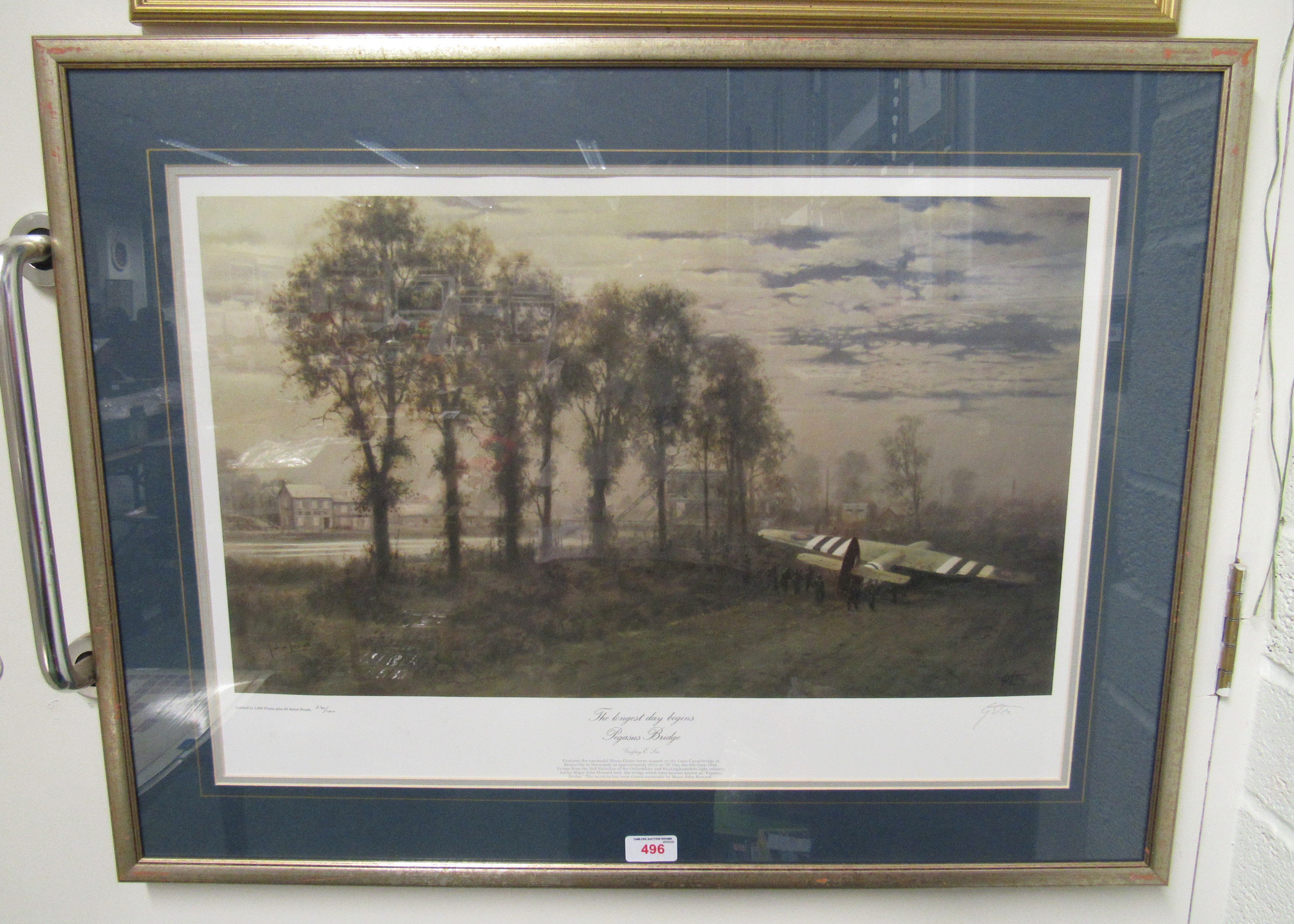 A framed and glazed limited print 230/1000 - 'The Longest Day Begins, Pegasus Bridge' by Geoffrey