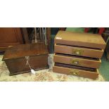 A small three drawer collector's wooden box with brass handles and with compartments to the interior