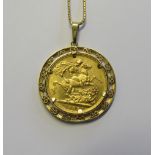 An 1898 full gold sovereign pendant necklace, the sovereign in a marked 9kt open work mount with a
