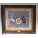 A large contemporary WWI framed embroidery picture titled 'United We Stand' with picture of lady and