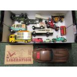 A box of diecast vehicles etc including French Dinky toy Simca cargo no 33, sheet glass carrier.