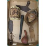 A box of various ethnic and collector's items including a black hardwood shillelagh, an African