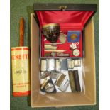 A box of mixed items to include a Nenette dust absorber duster circa 1950/60s, an advertising tape