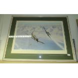 A framed glazed signed print by Robert Taylor 'Combat Over London'. Size - 100x77cm approx.