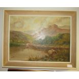 A framed oil on board highland landscape of a cottage by a Scottish Loch by J. Ducker (signed)