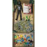 A box of plastic soldiers including Britains Deetal, large model of Darth Vader, Playmobil figures
