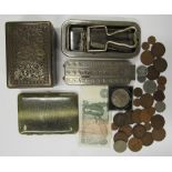 A small quantity of coins together with a small tin box, cigarette case etc.