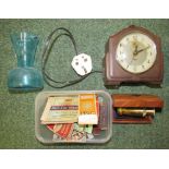 A small brass pocket telescope in wooden box together with a bakelite clock etc.