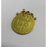 A George III 1793 gold spade Guinea, adapted for pendant/fob with an unmarked scroll top. Total