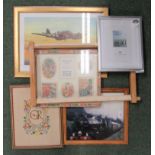 A canvas work stretcher together with pictures, George VI embroidery etc.