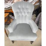 GREEN DRALON COVERED BUTTON BACK CHAIR ON TURNED SUPPORTS