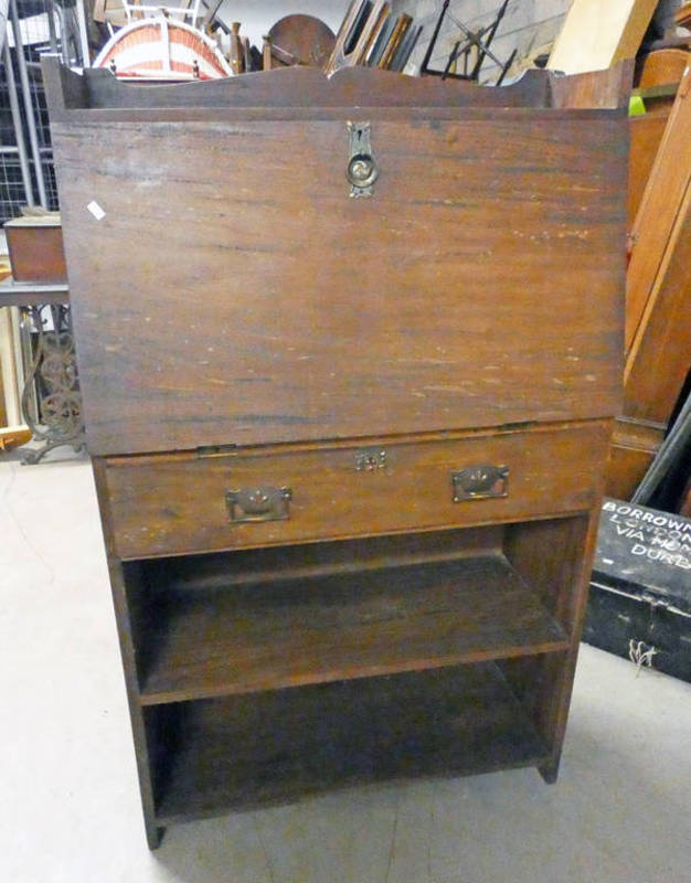 MAHOGANY ARTS & CRAFTS STYLE BUREAU WITH FALL FRONT OVER DRAWER & SHELVES .