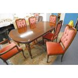 MAHOGANY D-END DINING TABLE & SET OF 6 DINING CHAIRS ON SHAPED SUPPORTS