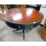 CIRCULAR TOPPED DRUM TABLE WITH DRAWER ON CENTRE PEDESTAL & 4 SPREADING SUPPORTS,