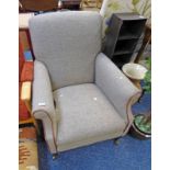 HARRIS TWEED COVERED ARMCHAIR ON SQUARE TAPERED MAHOGANY SUPPORTS Condition Report: