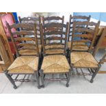 SET OF 6 OAK LADDERBACK DINING CHAIRS WITH RUSHWORK SEATS & QUEEN ANNE SUPPORTS