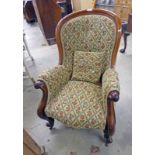 19TH CENTURY MAHOGANY FRAMED GENTLEMAN'S ARMCHAIR ON CABRIOLE SUPPORTS 102 CM TALL