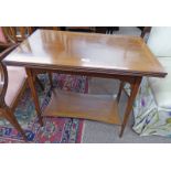 LATE 19TH CENTURY INLAID MAHOGANY TURNOVER CARD TABLE WITH UNDERSHELF & SQUARE SUPPORTS 76CM WIDE