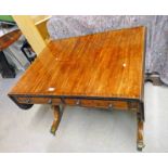 19TH CENTURY MAHOGANY SOFA TABLE WITH 2 DRAWERS AND CROSS BANDED DROP LEAF TOP