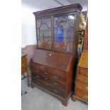 19TH CENTURY MAHOGANY BUREAU BOOKCASE WITH 2 ASTRAGAL GLASS DOORS OVER FALL FRONT OPENING TO FITTED