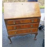 WALNUT BUREAU WITH FALL FRONT OVER 3 DRAWERS CIRCA 1920