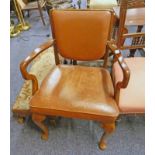 EARLY 20TH CENTURY MAHOGANY OPEN ARMCHAIR ON SHAPED SUPPORTS
