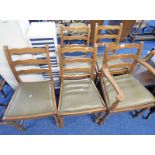 SET OF 5 OAK LADDER BACK DINING CHAIRS ON TURNED SUPPORTS