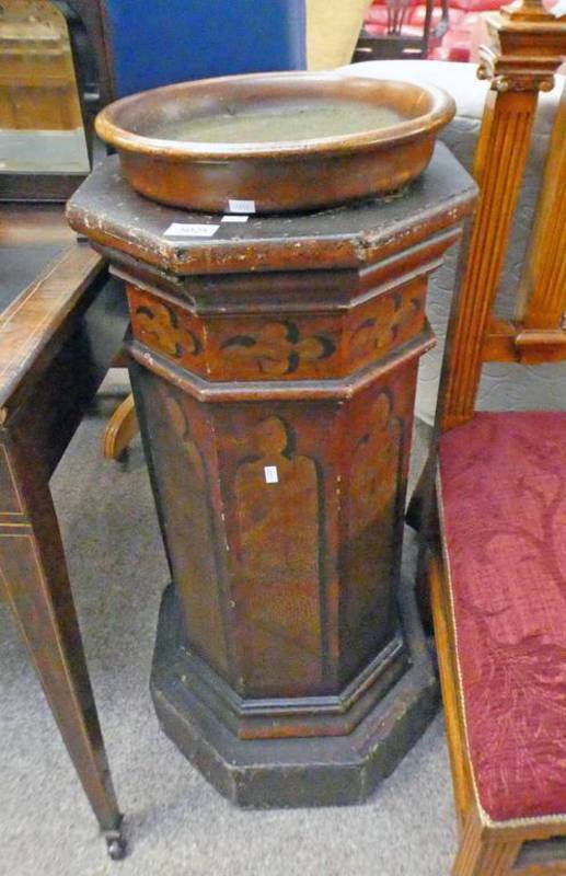 LATE 19TH CENTURY PAINTED PINE OCTAGONAL FONT & BOWL 87 CM TALL