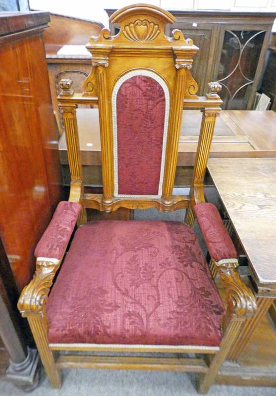 LATE 19TH CENTURY OPEN ARMCHAIR WITH CARVED DECORATION