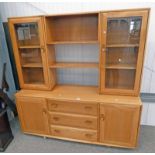 ERCOL CABINET WITH 2 GLASS PANEL DOORS & OPEN SHELF UNIT OVER 3 CENTRALLY SET DRAWERS FLANKED BY 2