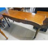 MAHOGANY SIDE TABLE WITH SHAPED FRONT & FITTED DRAWER ON SQUARE TAPERED SUPPORTS.