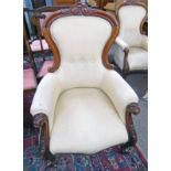 19TH CENTURY MAHOGANY FRAMED SPOON BACK ARMCHAIR ON CABRIOLE SUPPORTS 110CM TALL