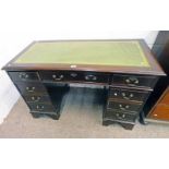 LATE 20TH CENTURY MAHOGANY TWIN PEDESTAL DESK WITH LEATHER INSET TOP & 8 DRAWERS ON BRACKET
