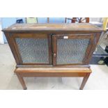 MAHOGANY CABINET WITH FROSTED GLASS PANEL DOORS & SHELVES INTERIOR,