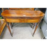 19TH CENTURY MAHOGANY TURNOVER TEA TABLE WITH ROSEWOOD CROSS BANDING ON TURNED SUPPORTS