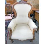19TH CENTURY MAHOGANY FRAMED SPOON BACK ARMCHAIR ON CABRIOLE SUPPORTS 110CM TALL
