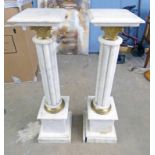 PAIR OF MARBLE PILLARS WITH BRASS FITTINGS,