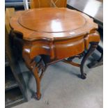 20TH CENTURY CHINESE MAHOGANY CIRCULAR TOPPED TABLE OF SHAPED SUPPORTS, MAX.