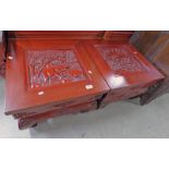 PAIR OF ORIENTAL CARVED HARDWOOD LAMP TABLES ON SHAPED SUPPORTS - 51CM