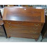 19TH CENTURY MAHOGANY BUREAU WITH FALL FRONT OVER 4 LONG DRAWERS ON TURNED SUPPORTS 116 CM TALL