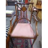 LATE 19TH CENTURY INLAID MAHOGANY OPEN ARMCHAIR ON SQUARE SUPPORTS